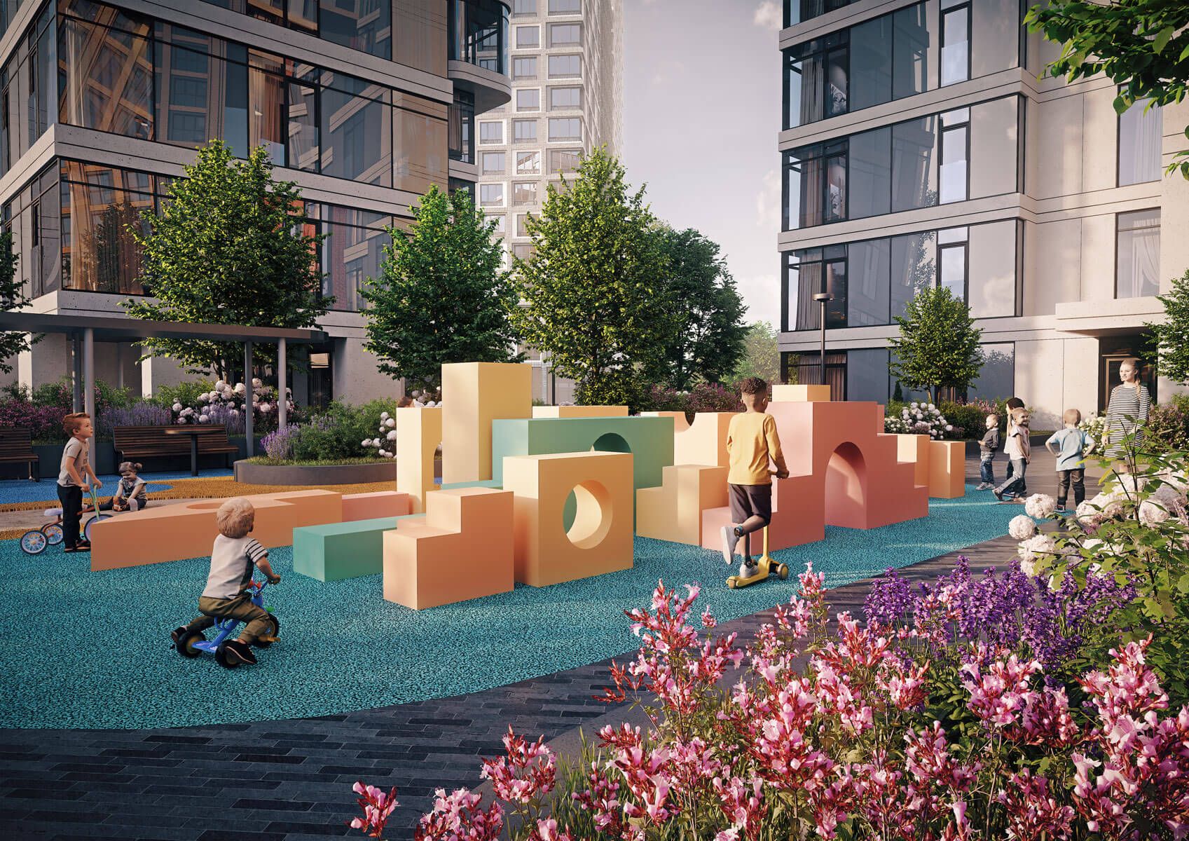 Во дворе предусмотрены игровые комплексы как для малышей, так и для детей постарше