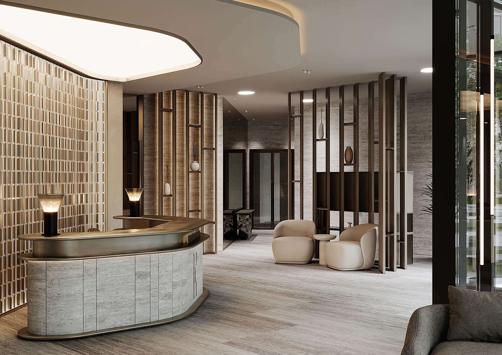 Дизайн стойки ресепшен повторяет геометрию фасадов